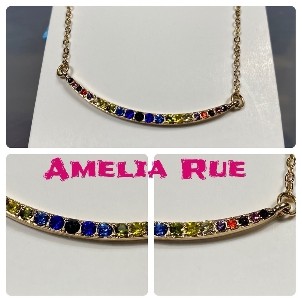 Amelia Rue curved bar rainbow rhinestone necklace